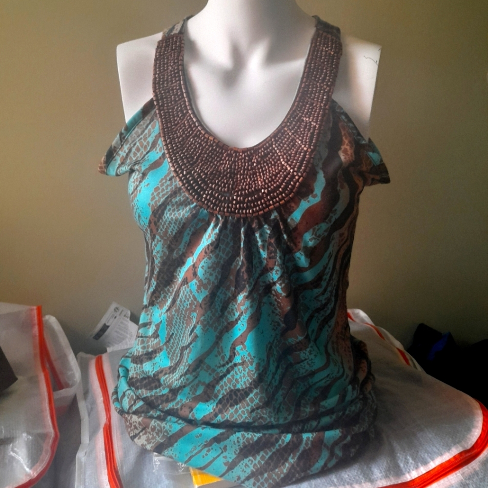 Almost Famous Beaded Halter Top in Teal and Brown
